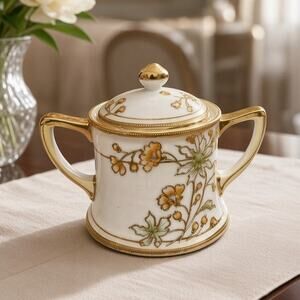 Antique Nippon Morimura Lidded Sugar Bowl Hand Painted Gold Moriage